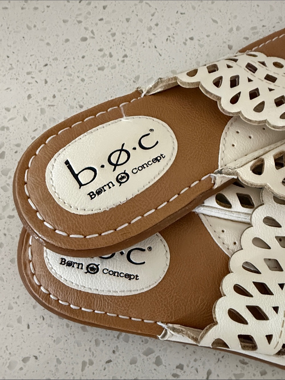 b.o.c. White Laser-Cut Upper Tan Footbed Sandals